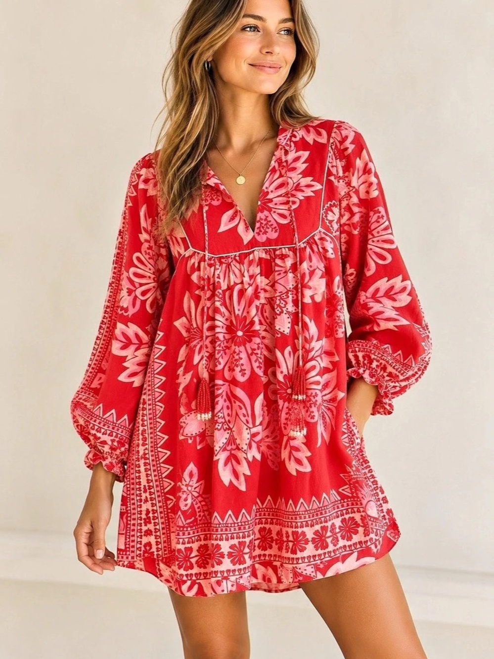 FARM Floral Mini Dress in Red & Pink